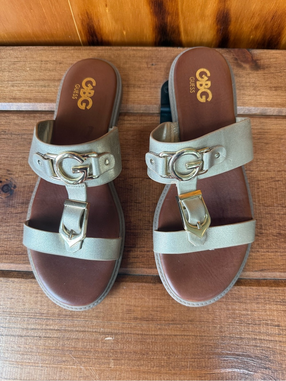 GBG by Guess Metallic Gold Slide Sandals with Buckle Detail - Women